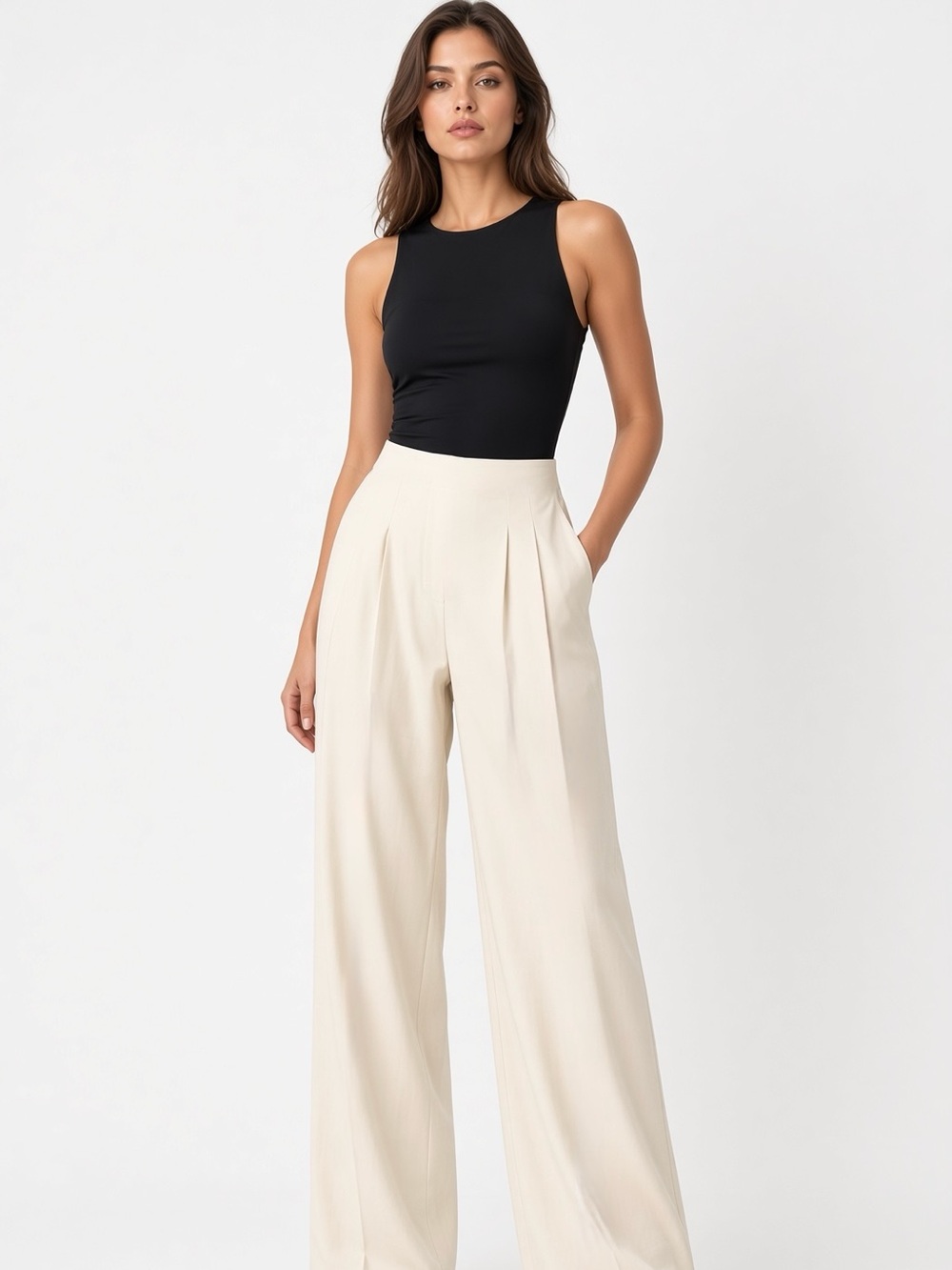 ZARA High-Waisted Wide-Leg Pants – Ivory S